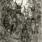 Monochrome fantasy art of undead riders and ghouls in a spooky forest
