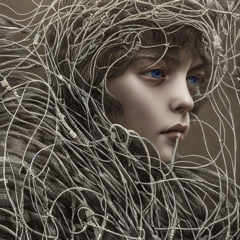 Close-up of person with blue eyes and metallic wire headpiece