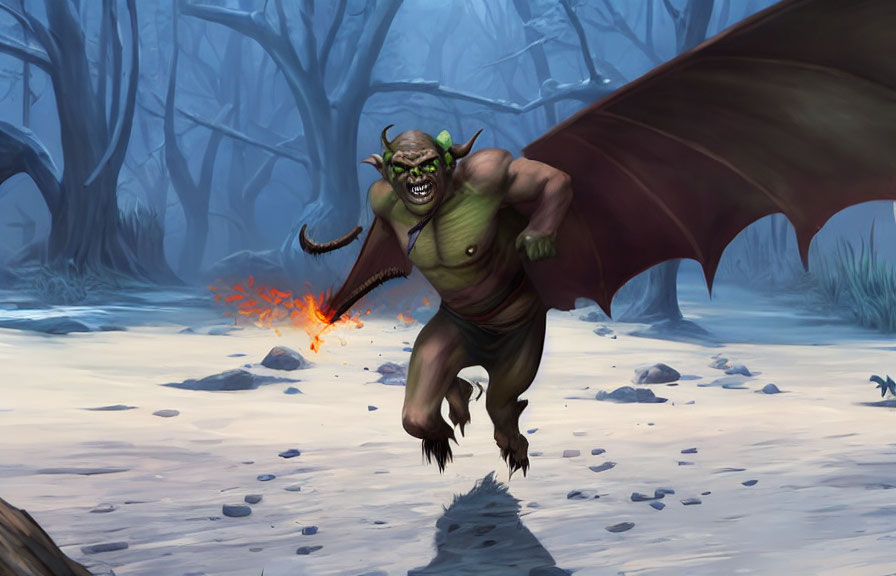 Green-skinned creature with bat-like wings and horns breathing fire in a gloomy forest.