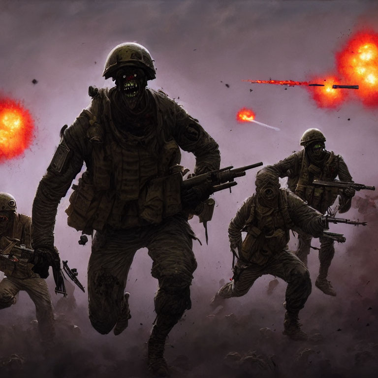 Menacing soldiers with skull-like faces charging amid explosions and modern military gear.