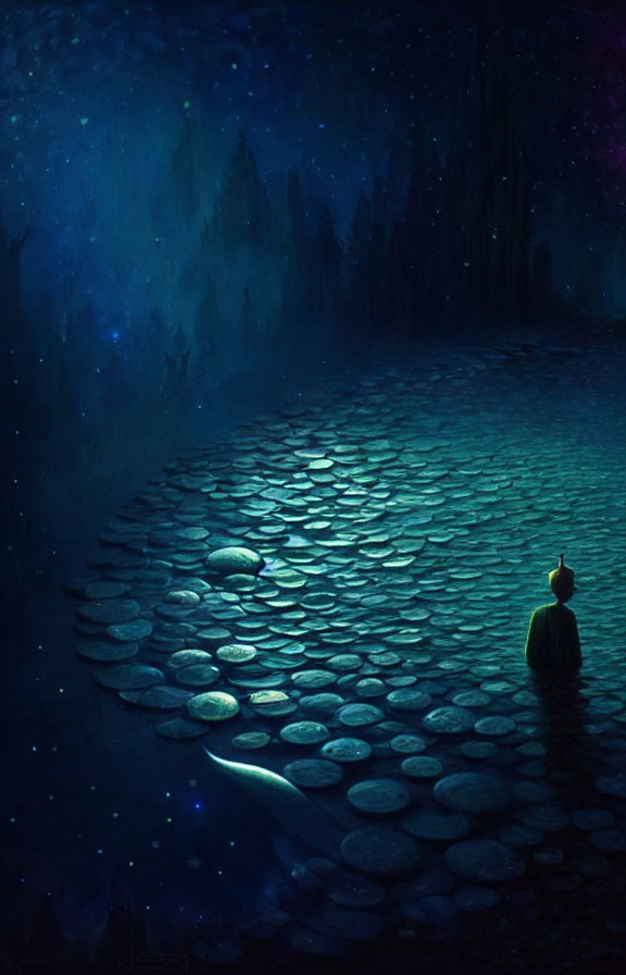Person sitting on stone path among lily pads under starry night sky