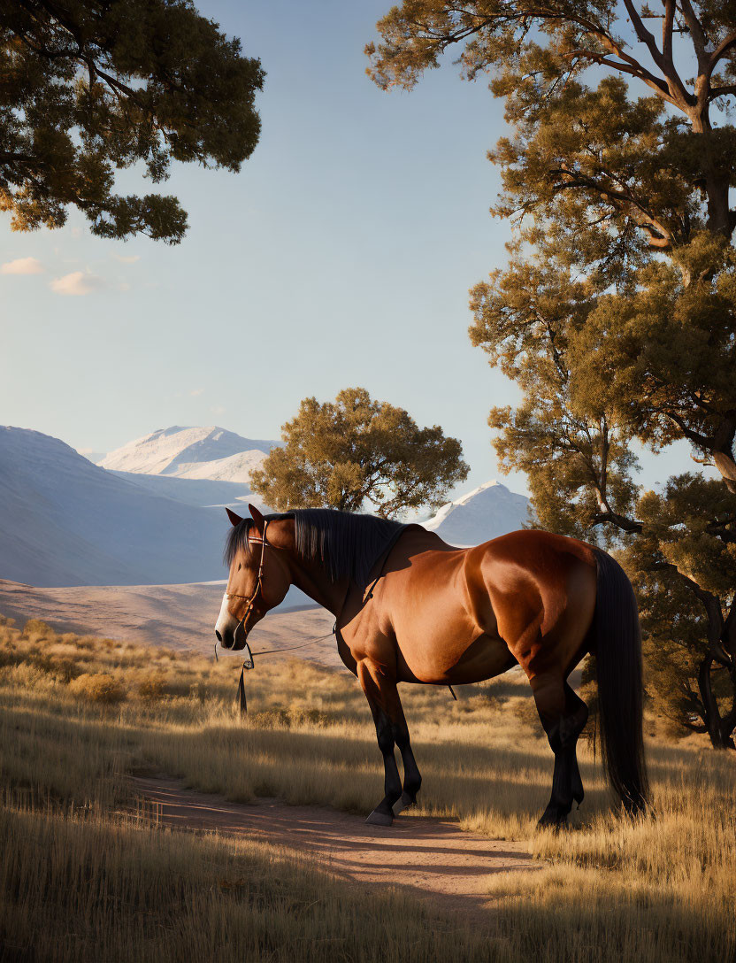 Brown Horse with Black Mane in Grassland with Trees and Mountains