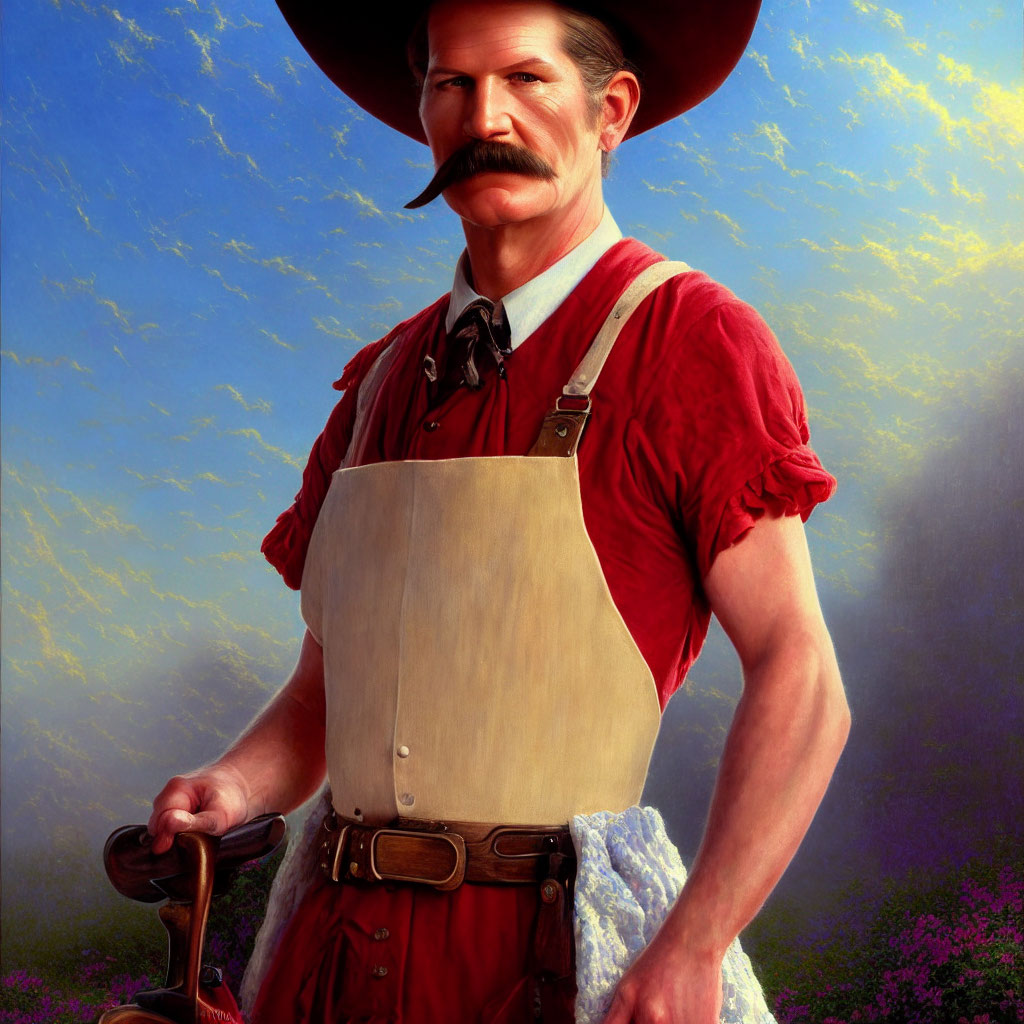 Mustachioed man in red shirt and hat holding sword against scenic backdrop