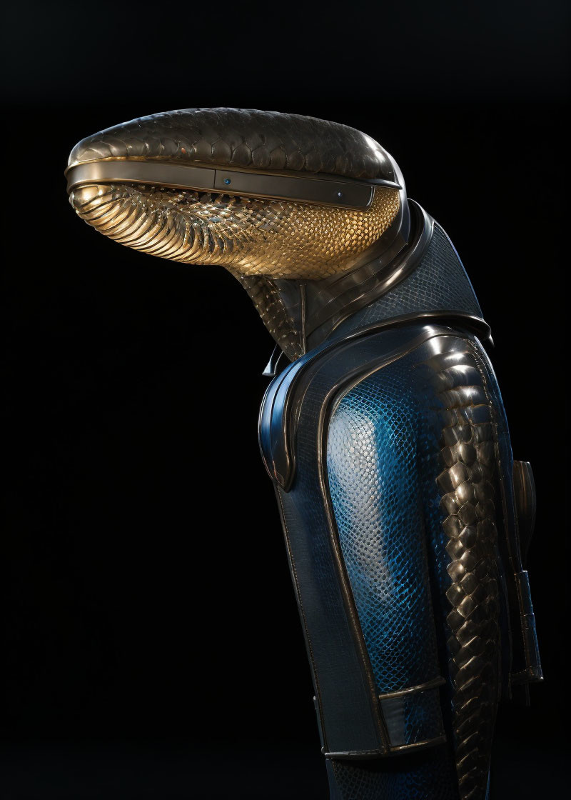 Elaborate alien costume with serpent-like headpiece and metallic suit