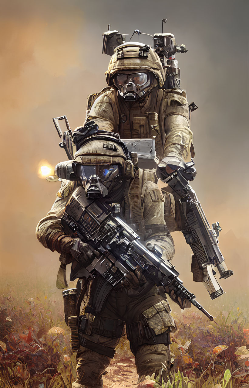 Futuristic soldiers in high-tech gear with rifles on battlefield backdrop