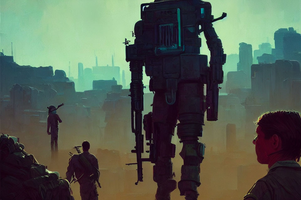 Dystopian soldiers and giant mech in decrepit cityscape
