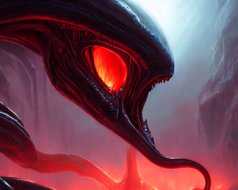 Sleek Black Exoskeleton Alien in Red-Lit Environment