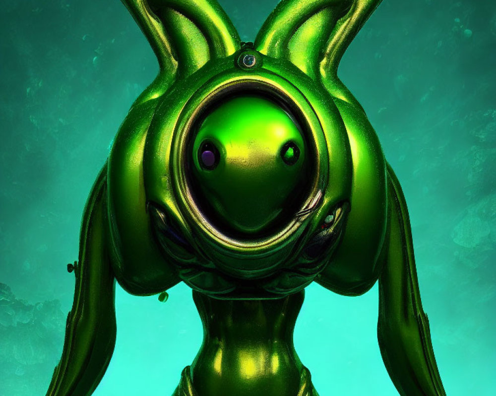 Green humanoid with rabbit-like ears and glowing eye on misty teal background