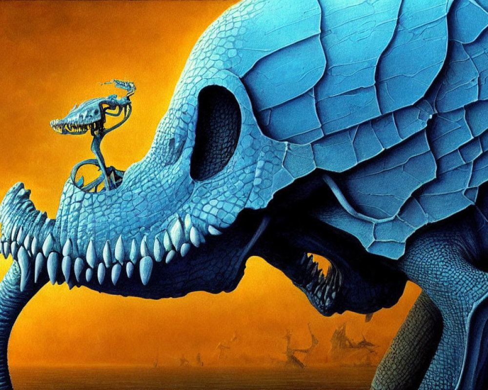 Surreal digital artwork: small figure on bicycle atop blue reptilian skull