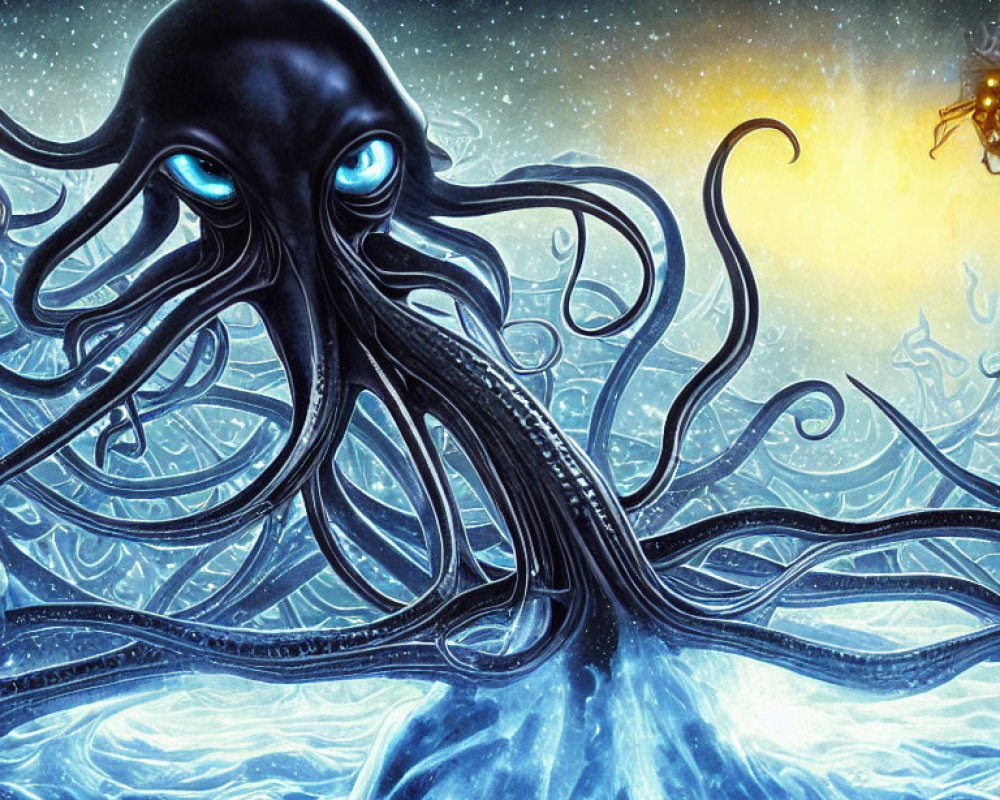Giant octopus with glowing eyes and diver in swirling ocean depths