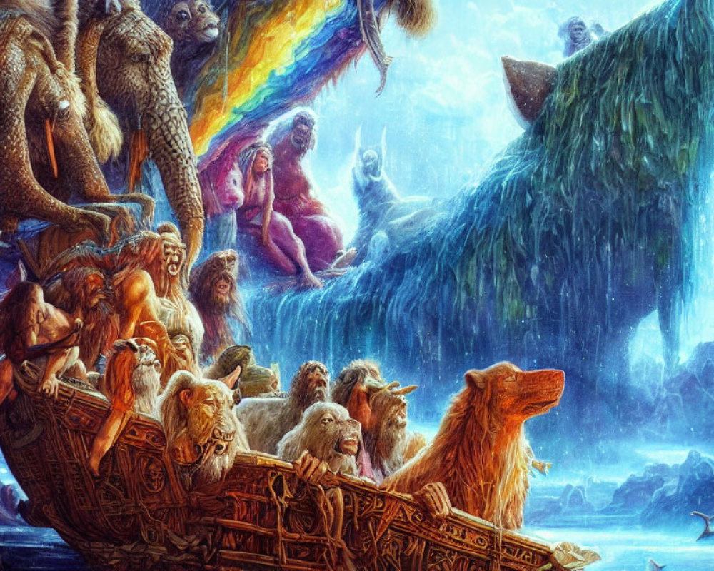 Vibrant Noah's Ark scene with animals, people, rainbow, and waterfall