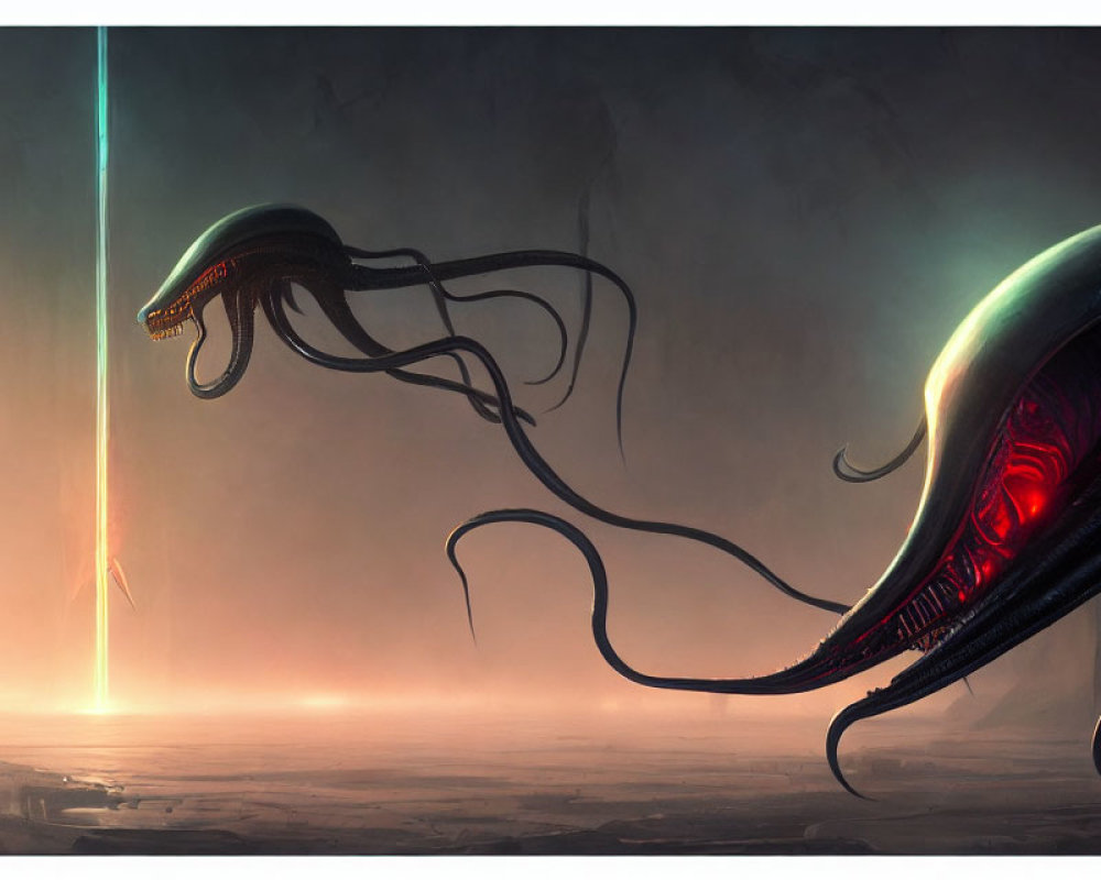 Elongated-headed alien creatures in misty landscape with light beam