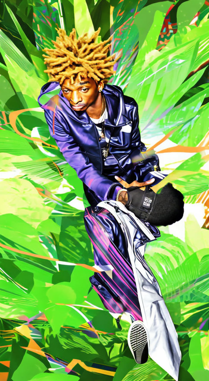 Blonde dreadlocked person in blue and purple outfit against green tropical backdrop