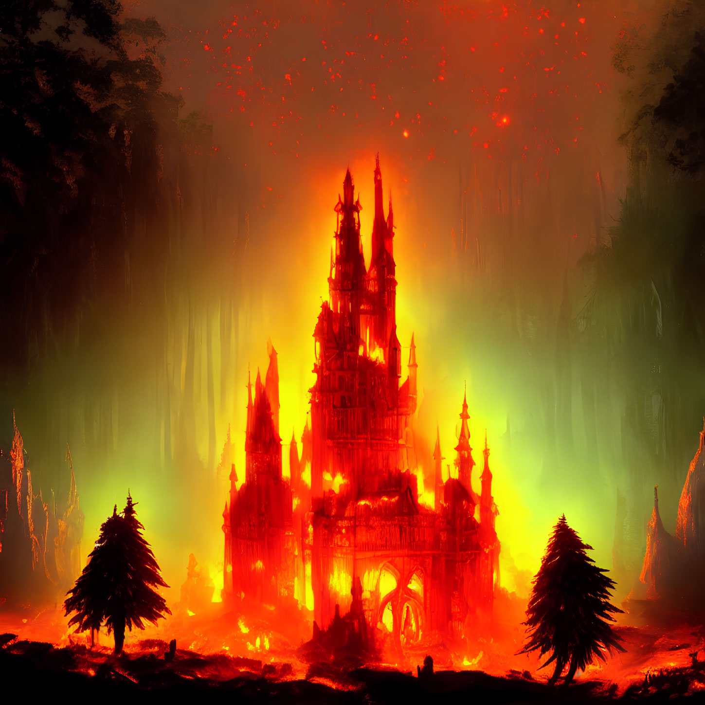 Glowing castle in fiery landscape with dark trees