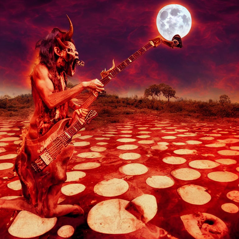 Fantastical horned creature playing guitar in red landscape under full moon