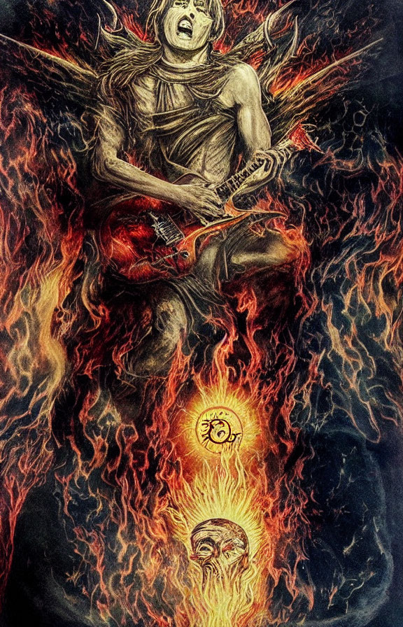 Illustration of person playing electric guitar engulfed in flames