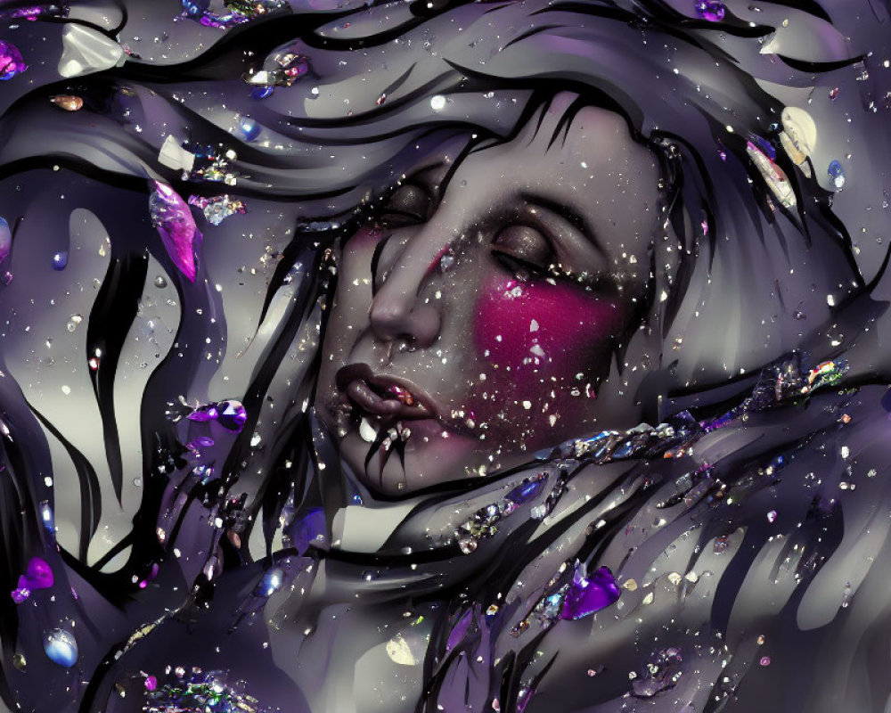 Digital artwork: Woman's face with closed eyes, dark flowing hair, colorful gemstone-like fragments on