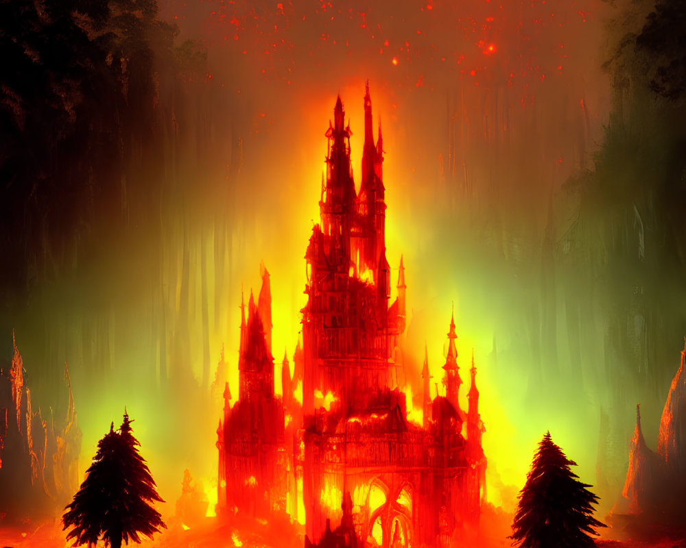 Glowing castle in fiery landscape with dark trees