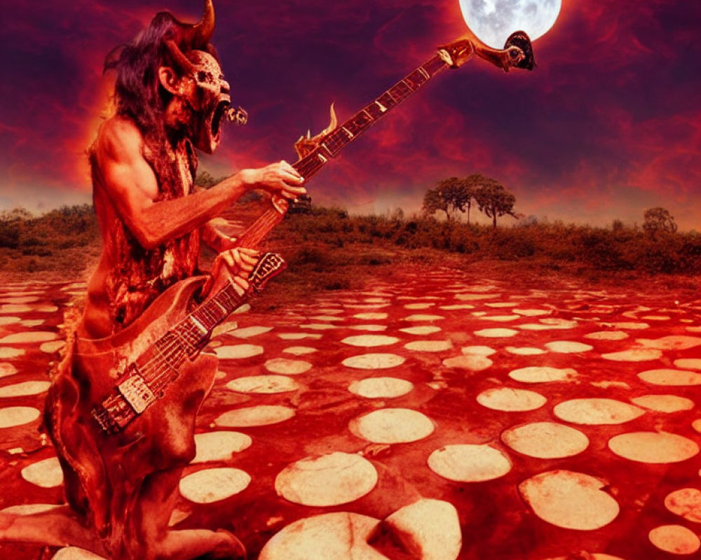 Fantastical horned creature playing guitar in red landscape under full moon
