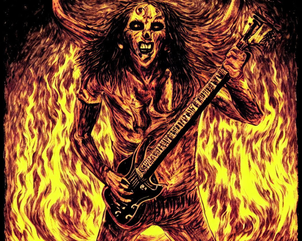 Skeletal figure with horns plays electric guitar in fiery scene