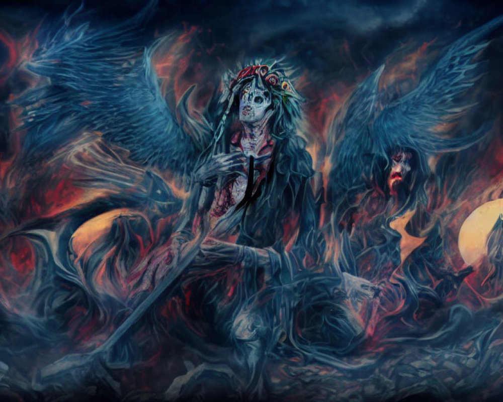 Dark Fantasy Illustration: Winged Skeleton in Flames under Full Moon