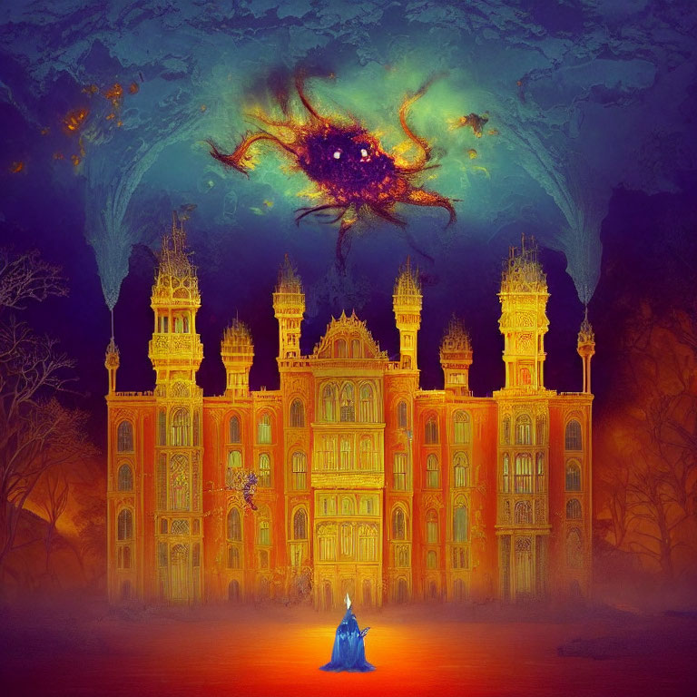 Person in Blue Cloak Stands Before Glowing Golden Palace