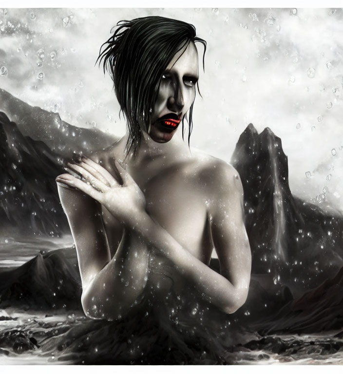 Ghostly figure with red lips in mountainous scene with raindrops