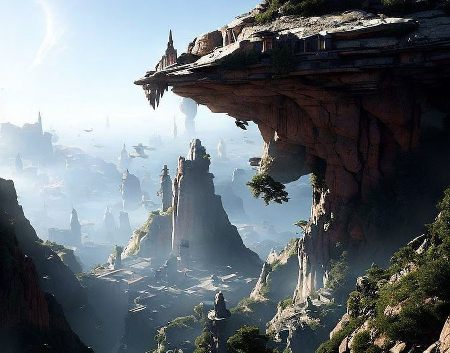 Mystical landscape with towering rock formations and cliff-side building overlooking misty valleys