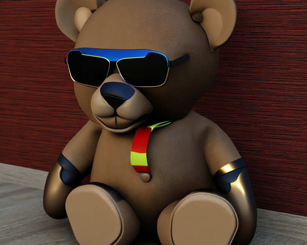 3D-rendered teddy bear with sunglasses and gold chain against wooden wall