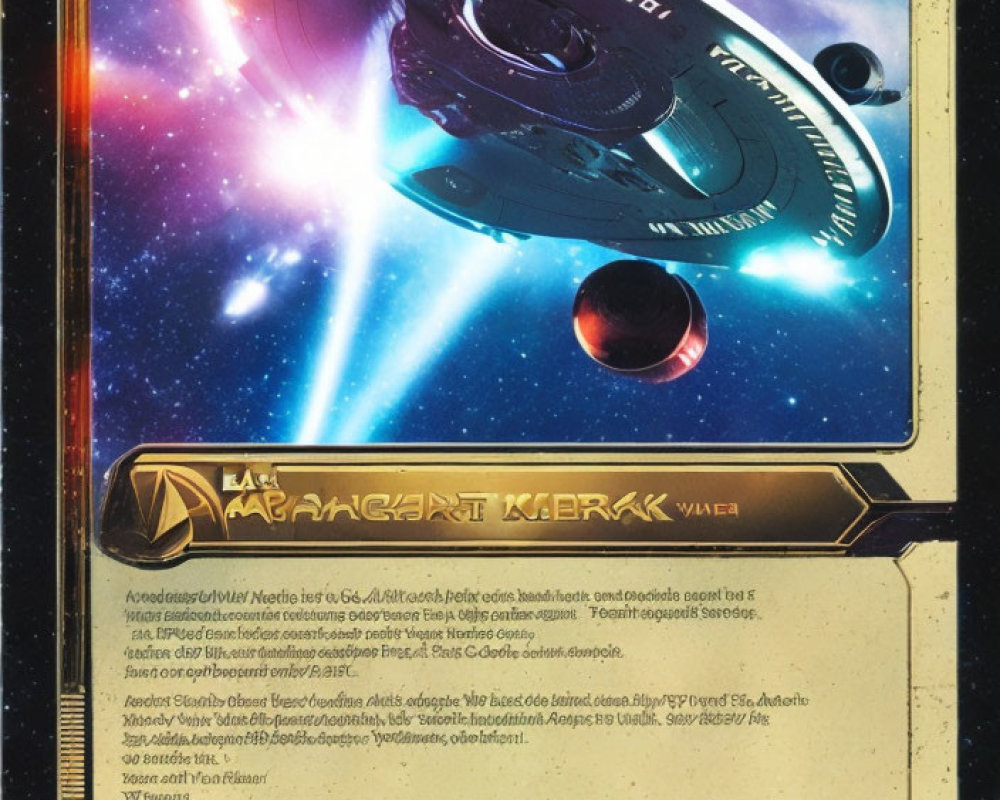 Spaceship-themed collectible card with cosmic starfield background and decorative text borders.