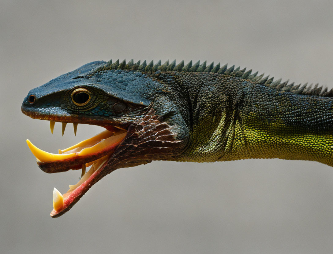 Detailed Image of Green Lizard with Open Mouth and Sharp Teeth