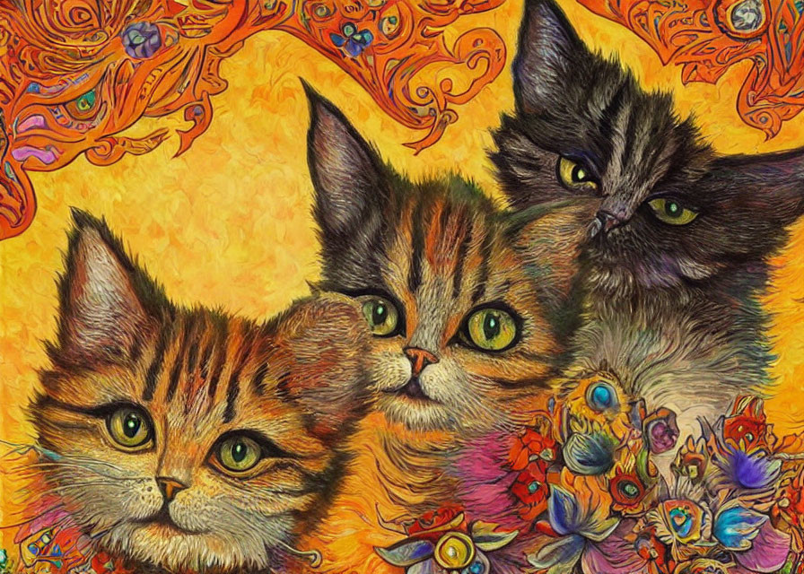 Colorful Psychedelic Cats with Expressive Eyes and Floral Motifs