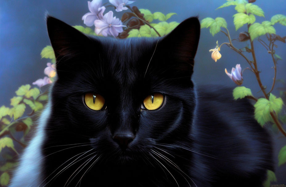Striking yellow-eyed black cat in green foliage with purple flowers