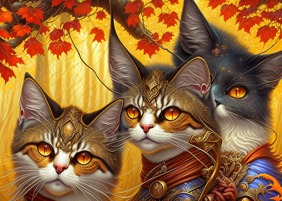 Regal Cats in Ornate Armor Under Golden Autumn Canopy