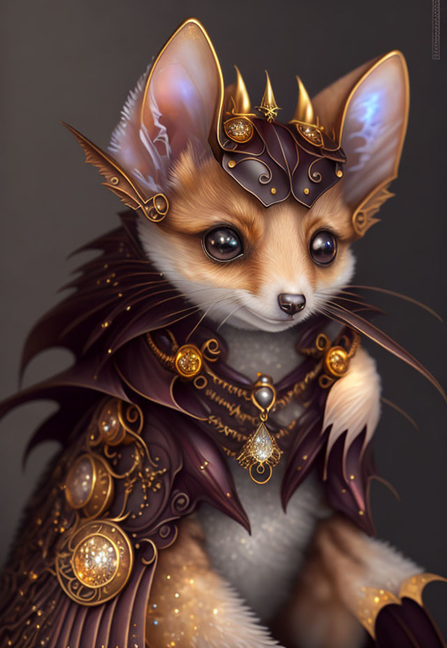 Anthropomorphic corgi in regal crown and golden armor with expressive eyes