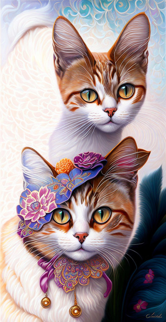 Stylized elegant cats with amber eyes in floral hat and jewelry on pastel background