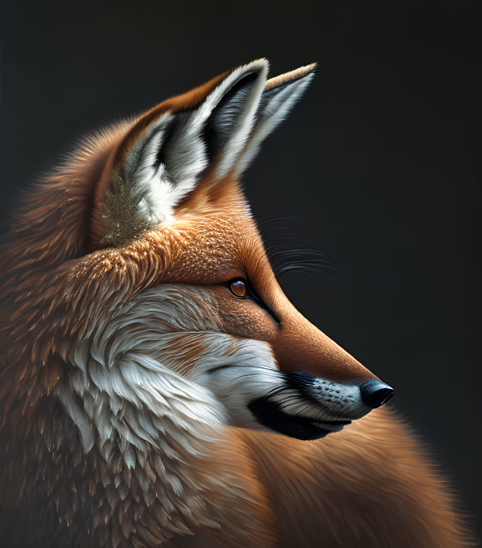 Detailed realistic fox face illustration with intense eyes and vibrant fur on dark backdrop.