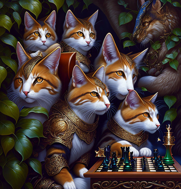 Regal Cats Observing Chessboard in Lush Greenery