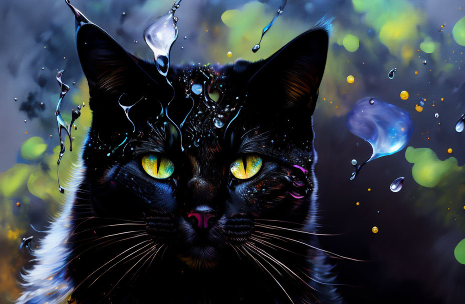Black Cat with Yellow Eyes Surrounded by Water Splashes and Bokeh Lights