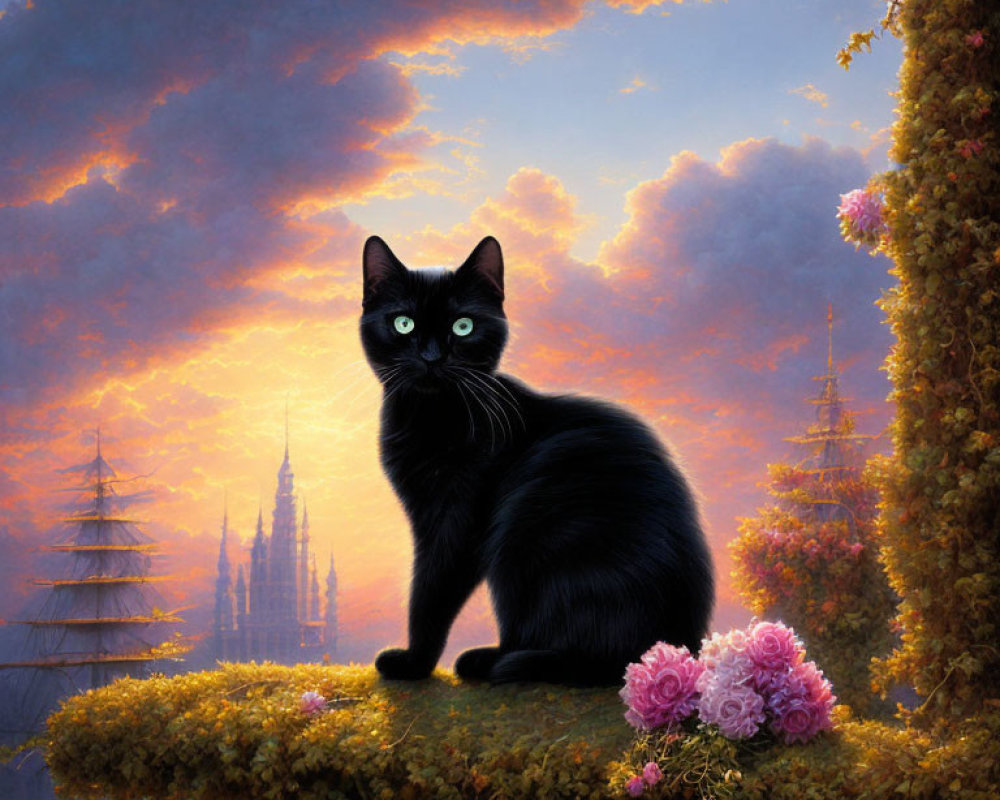 Black cat with green eyes on ledge with pink flowers in fantastical landscape