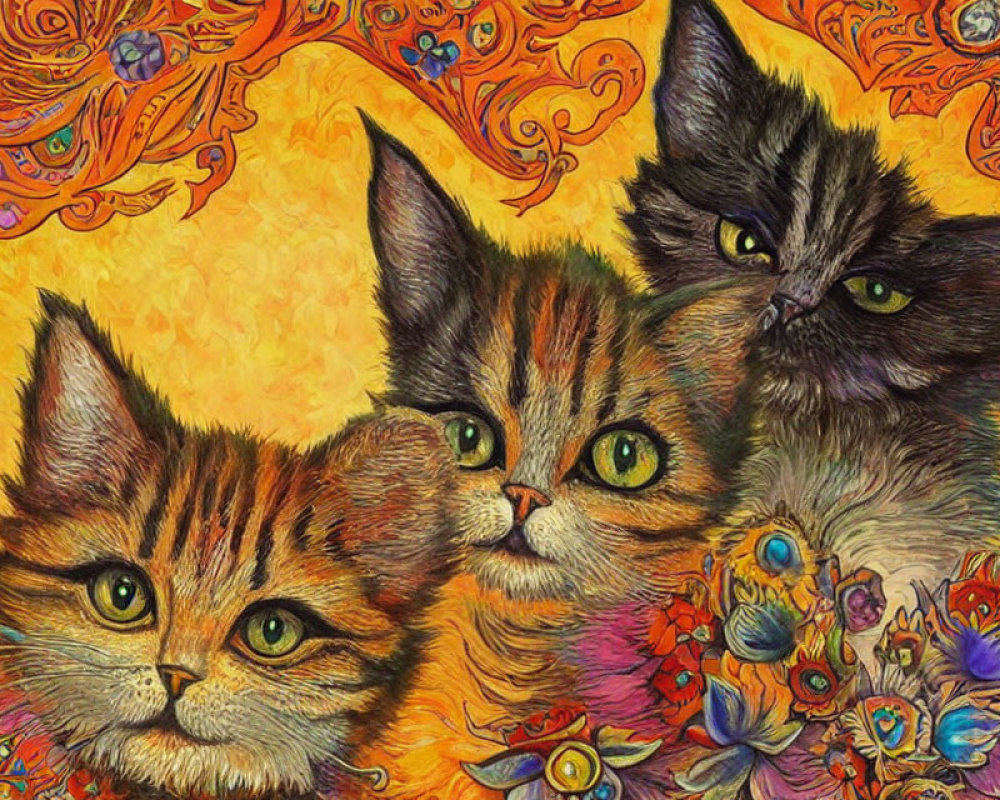 Colorful Psychedelic Cats with Expressive Eyes and Floral Motifs