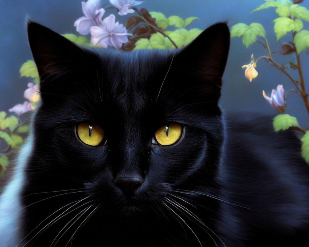 Striking yellow-eyed black cat in green foliage with purple flowers