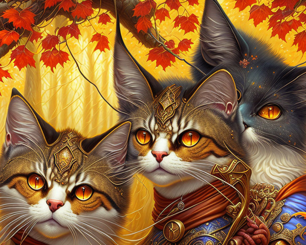 Regal Cats in Ornate Armor Under Golden Autumn Canopy