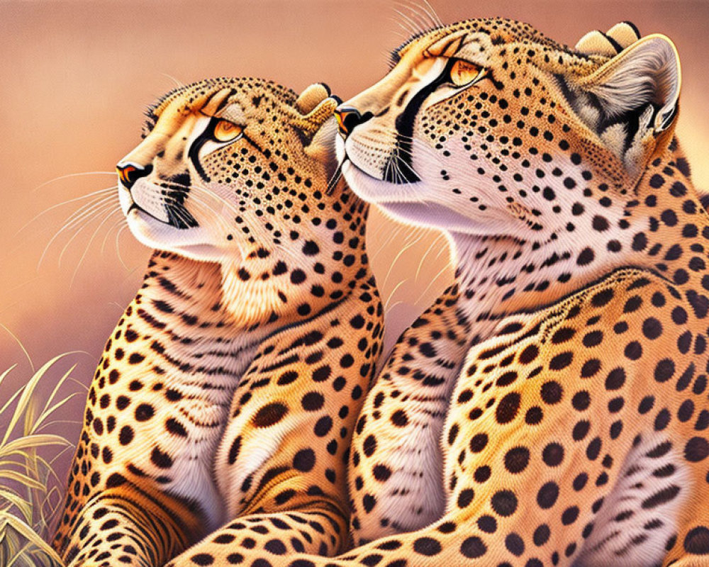Two Cheetahs Sitting Together in Savannah Setting