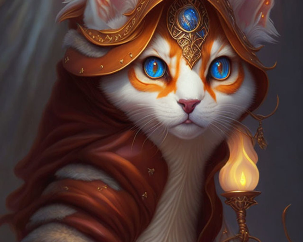 White Cat in Armor with Blue Eyes, Helmet, Cloak, and Staff