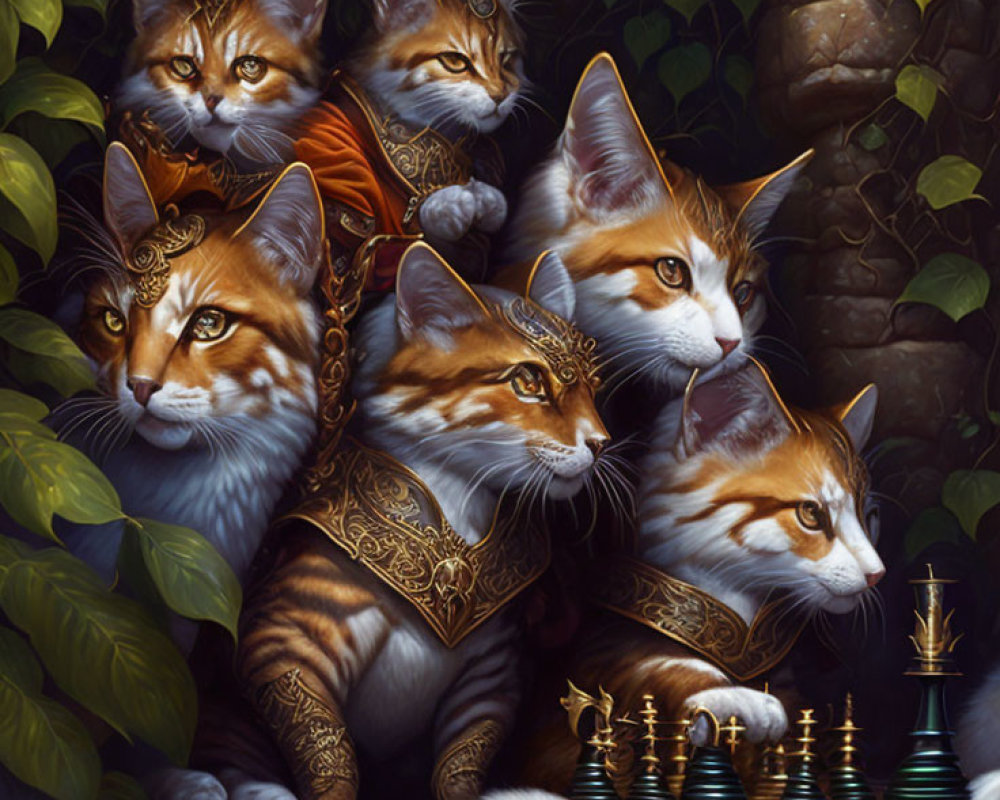 Five Cats in Medieval Noble Attire Watching Chess Game
