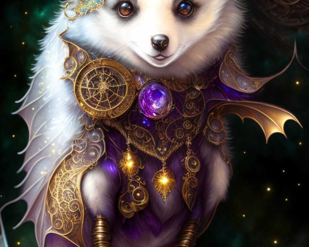 Intricate Gold and Purple Attired Anthropomorphic Bat Perched on Hand