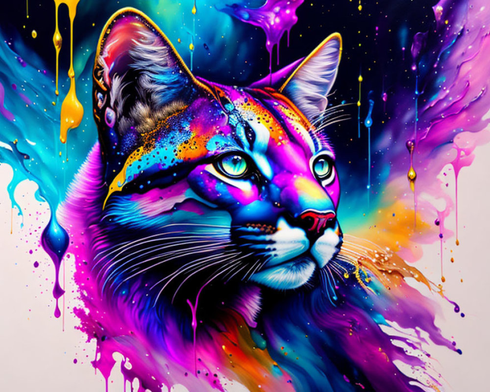Colorful Feline Artwork with Bright Paint Splashes and Cosmic Theme