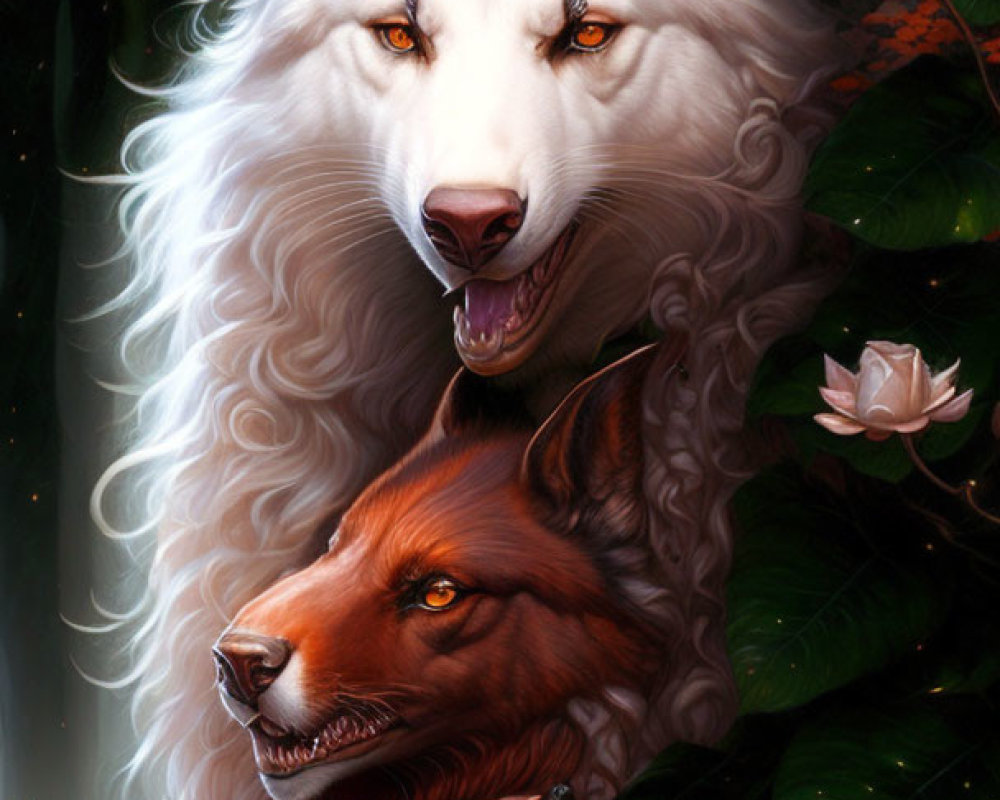 White and red wolves with human-like hands in forest setting with white rose.