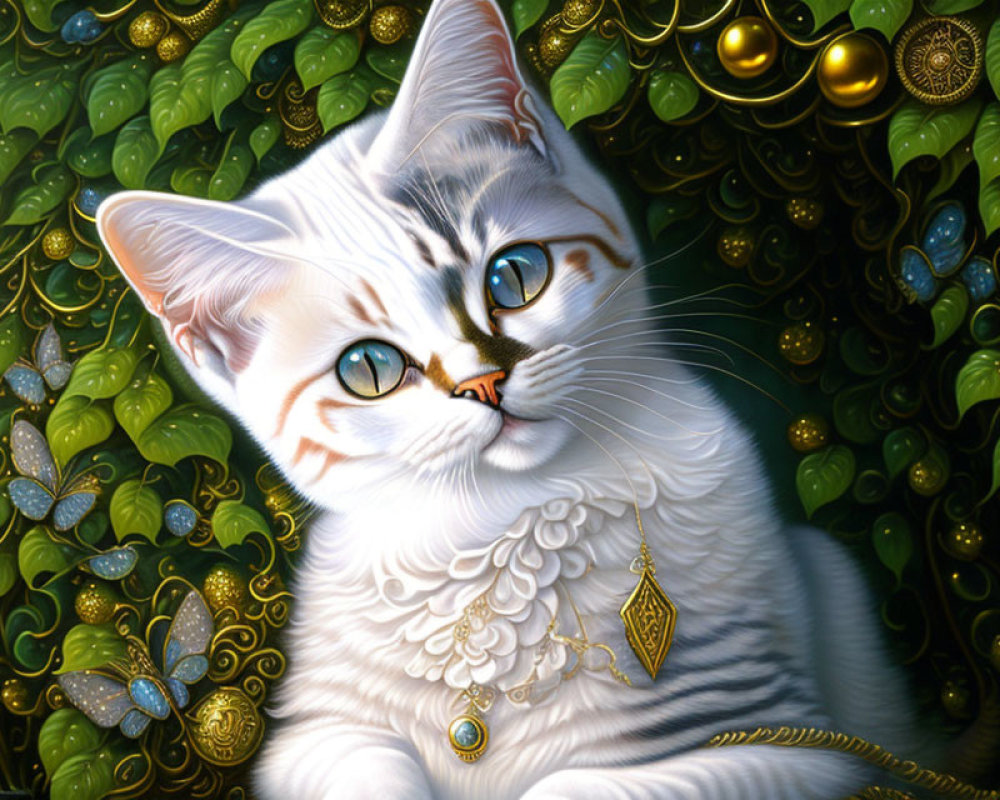 Detailed painting of white cat with ornate jewelry and ruff on green background